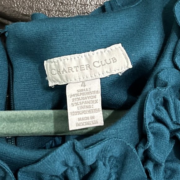 CHARTER CLUB SLEEVELESS A-LINE SHEATH RUFFLE NECK WORK EVENT DRESS WOMEN TEAL 4 - Picture 4 of 11